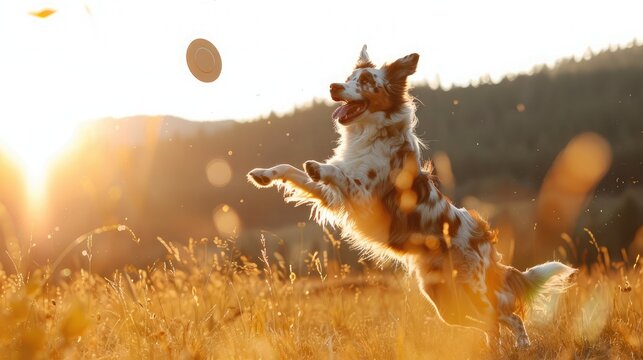 joyful dog leaping high in the air to catch a flying disc in a sunlit field, its boundless energy and enthusiasm a testament to the sheer joy of play.