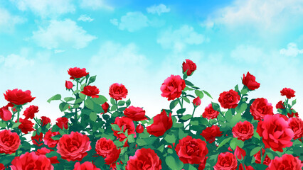 バラ園　薔薇　風景　素材　水彩画　華やか　さわやか　晴れ　ガーデン　ポスター　挿絵　イメージ　16:9