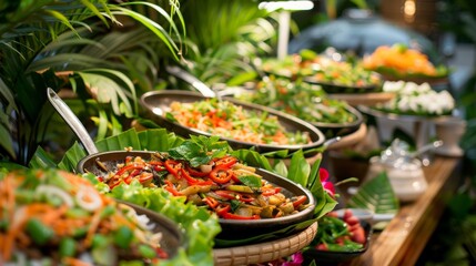 Fototapeta premium Vibrant and clean Thai food buffet in a tropical setting, neatly arranged dishes with fresh herbs and spices, under soft lighting