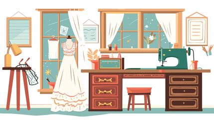 Retro workplace seamstress with window and wedding dr - obrazy, fototapety, plakaty
