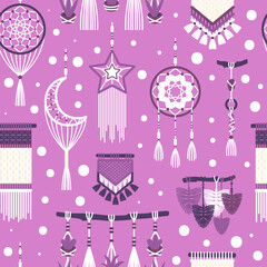 Dream catchers boho seamless pattern. Braided hanging ornaments for home, hanging macrame elements, cozy room. Decor textile, wrapping paper, wallpaper. Print for fabric tidy vector background