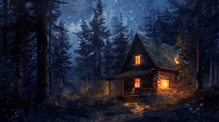 Twilight over a hidden cabin in the forest, soft lights glowing through windows, stars beginning to appear in the sky