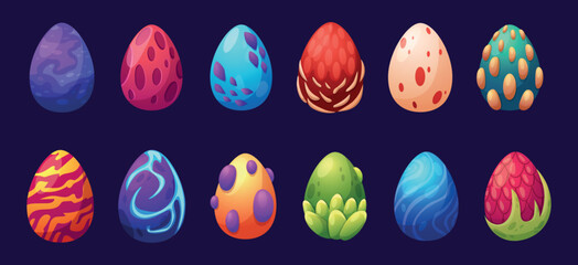 Fantasy eggs. Cartoon dinosaur or dragon different egg. Energy and power, reptile shells with light. Game design glowing nowaday vector collection