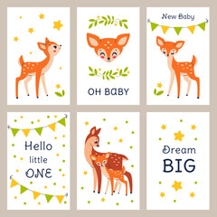 Cute new baby shower fawn. Funny animals, greeting cards, nursery prints and childish textile decor. Welcome little one posters, forest fauna characters, mom and kid deers, cartoon vector set
