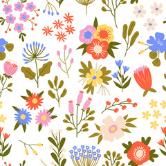 Beautiful spring flowers seamless pattern. Cute repeated plants, color cartoon flora, blooming nature, wildflowers isolated. Wrapping and wallpaper. Print for fabric tidy vector background
