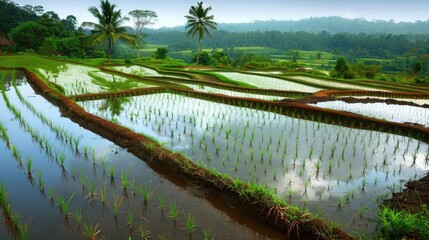 peaceful countryside landscape with terraced rice paddies glistening with rainwater, reflecting the bounty of the rainy season harvest. - obrazy, fototapety, plakaty