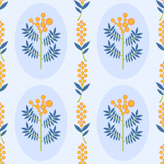 Symmetrical floral vector seamless pattern. Stylized yellow Mimosa flowers and leaves on blue background. Australian Wattle plant drawn with brush texture. Repeated retro tile for wallpaper, fabric