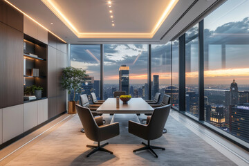 A conference table with many chairs around it, modern meeting room interior design.