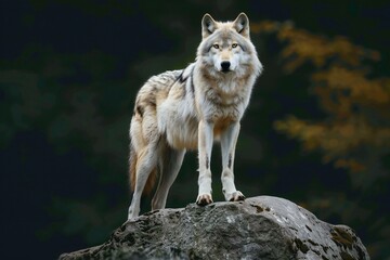 Portrait of a wolf standing on a rock in the forest