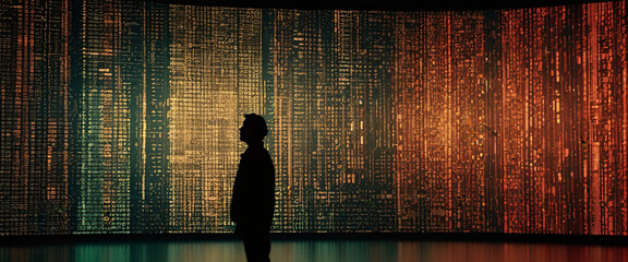 A silhouette of a person standing in front of a giant digital screen with a flow of data showing various cyber threats and vulnerabilities