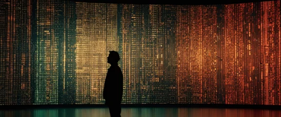 Foto op Canvas A silhouette of a person standing in front of a giant digital screen with a flow of data showing various cyber threats and vulnerabilities © HumblePride