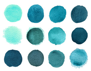 Set of Blue mint watercolor circles isolated on a white background. Watercolour blue, mint, green circles