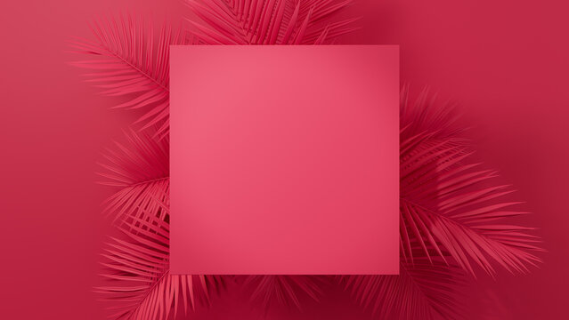 Palm Plant Border forms Pink, Trendy Background. Square Botanical Frame with copy-space.
