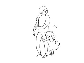 お母さん（若い女性）の足にしがみつく小さい女の子、線画
