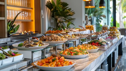Sleek, polished Southern buffet counter, tropical decor, with a variety of traditional dishes beautifully presented, clean lines