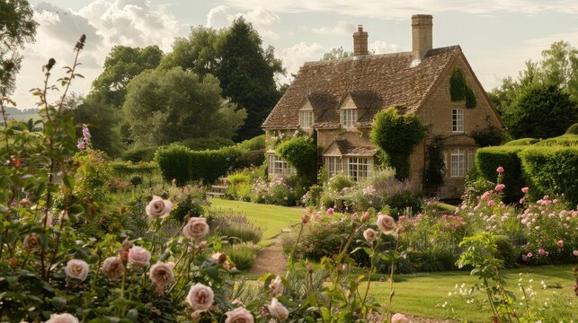 quaint English country garden brimming with heritage roses and fragrant herbs, exuding the timeless charm and romance of the countryside.