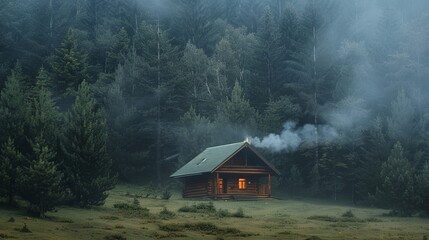 Secluded log cabin hidden in a dense, foggy forest, with a small smoke plume rising from the chimney, evoking solitude and peace