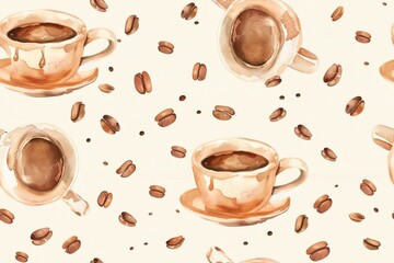 Obraz premium Seamless pattern of coffee cups and watercolor coffee beans.
