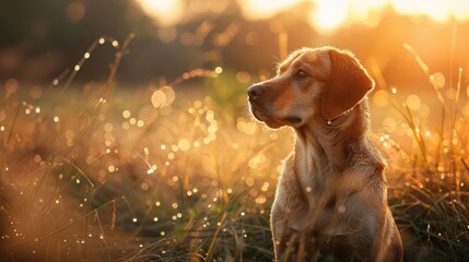 serene sunrise scene with a dog sitting peacefully amidst dew-kissed grass, welcoming the new day with quiet contentment and gratitude. - obrazy, fototapety, plakaty
