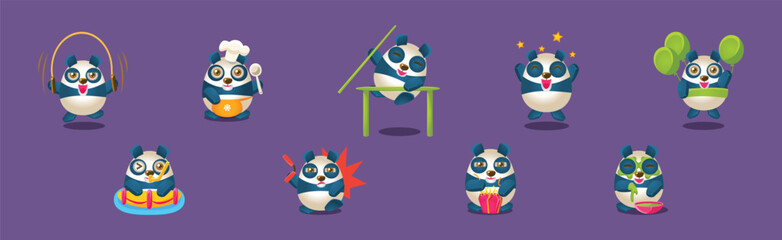 Cute Panda Baby Bear Character in Different Activity Vector Set