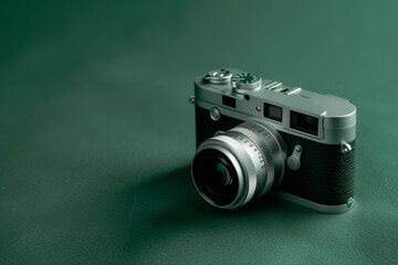 Digital SLR camera on dark green background. Close-up