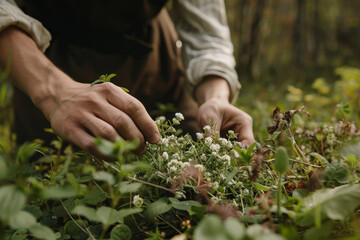 Forager's hands gather fragrant wild herbs and flowers from the forest floor.