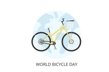 World bicycle day template. Global sport and healthy life holiday greeting card. Bike and planet Earth background. Vector line art illustration.