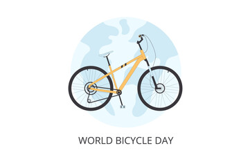 World bicycle day emblem. Global sport and healthy life holiday greeting card. Bike and globe isolated on white background. Vector illustration.