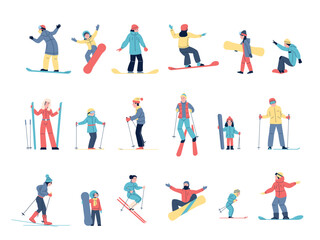 Children skiers. Different ski resort characters. Winter outdoor activities, seasonal sport training for healthy adult and kids. Active recent vector set