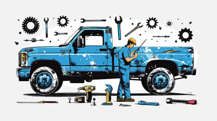 Concept for truck repair service. Mechanic 