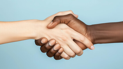 Handshake between a light-skinned and dark-skinned hand against a blue backdrop, symbolizing diversity and unity.