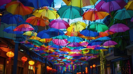 Fototapeta na wymiar vibrant umbrella street installation bustling with colorful umbrellas, adding cheer to city streets during the monsoon season.