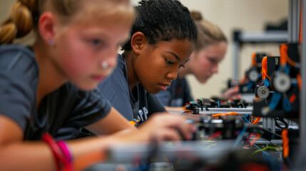 Children are working on a robot project, stem concept.