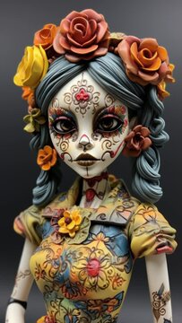 sequence of doll like women with mexican day of the dead candy skull masks made with generative AI