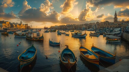 Panoramic view of a bustling harbor, concrete jetties filled with colorful boats, sunset casting golden hues across the scene - obrazy, fototapety, plakaty