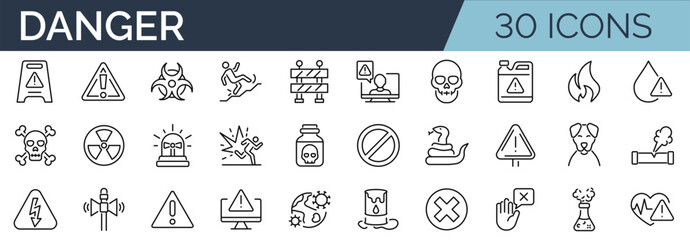 Set of 30 outline icons related to danger. Linear icon collection. Editable stroke. Vector illustration