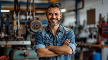 Obraz premium A mechanic in a blue shirt is smiling and standing with his arms crossed in garage.