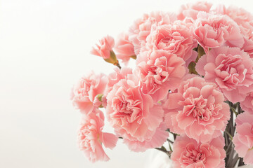 A bouquet of pink carnations in a vase isolated on white background with copy space.
