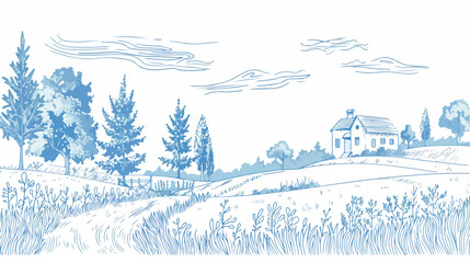 Rural landscape outline vector illustration. Blue lin