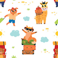 Cartoon animals with bags. Animal seamless pattern, travelling and adventures. Childish mascots, cute fabric wrapping print classy vector design