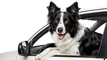 A happy border collie dog sitting in a car and looking out of the window, isolated on a white...