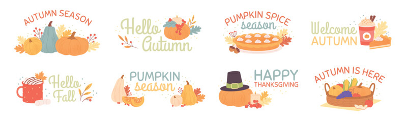 Autumn badges. Pumpkin season and thanksgiving day. Seasonal vegetables, fall agriculture harvest festival. Tasty food, racy vector banners