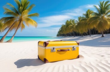 suitcase under palm tree on sunny beach. summer vacation concept. travel background