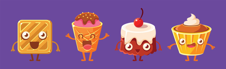 Funny Dessert Character with Smiling Face Vector Set