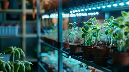 Cultivating young plants indoors using comprehensive LED illumination, with plants placed on racks.
