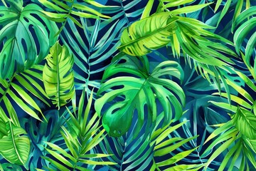 Seamless pattern of watercolor tropical palm leaves in bright green and blue.