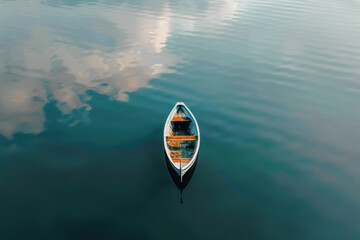 Aerial view a small boat floating alone on a calm lake, with reflection but no other distractions in the frame, emphasizing the sense of solitude and tranquility. 