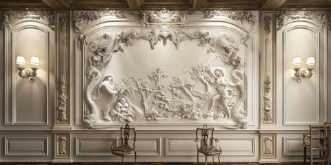 High quality interior design with decorative mural wallpaper and carved wooden panels, Generative AI