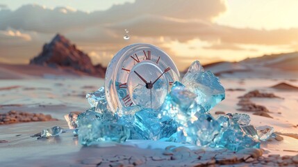 A melting iceberg in a glass hourglass with a droplet and a barren landscape. Climate change. Depletion of water sources. Preserve the Earth. Vanishing water. Time and mortality artfully depicted. - obrazy, fototapety, plakaty