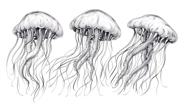 recommend clip art: Hand-drawn image of a jellyfish on a plain background in an outline format. Depiction of a marine creature. Engraving of oceanic fish using black ink for an emblem or symbol. Simple sketch.